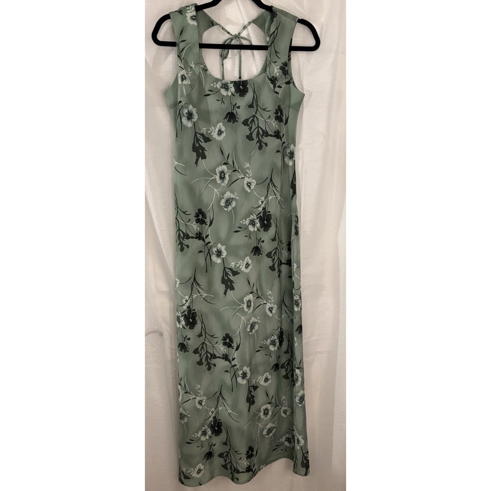 Vintage DBY Women's Green Floral Dress Square Neck tie back Midi Sleeveless Sz 7
